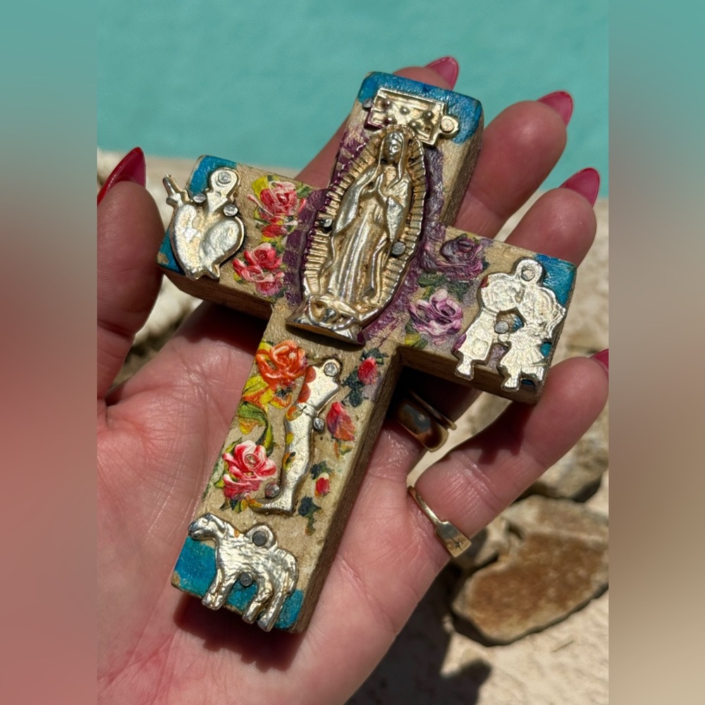 Milagro Silver Metal Charm Spanish Folk Art Painted Wood Cross-Ocean Blue - Picture 7 of 9